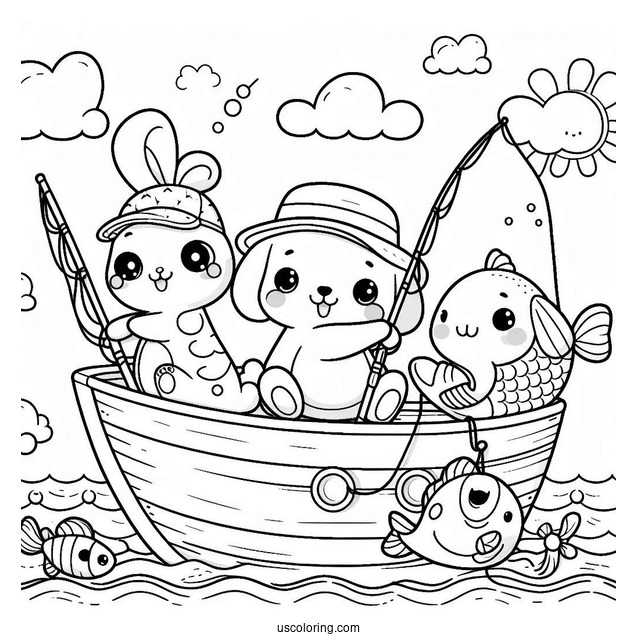 Cute Animals Fishing Coloring Page On A Boat At Sea For Kids