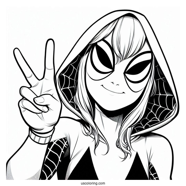 Simple Spider-Gwen Coloring Page Doing Peace Sign For Kids