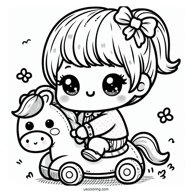 Kawaii Baby Coloring Page Riding A Toy Horse
