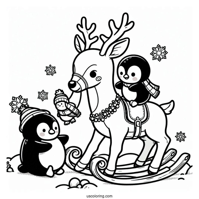 Reindeer Having Fun With Penguins To Color