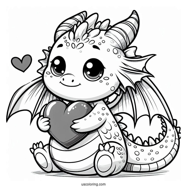 Adorable Little Dragon Hugging A Love Heart Coloring Page For Kids