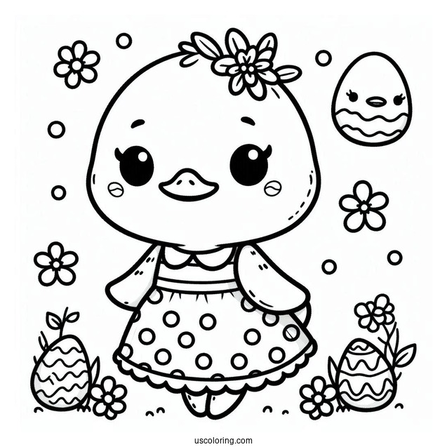 Kawaii Duck In Pola Dot Dress In Easter Coloring Page