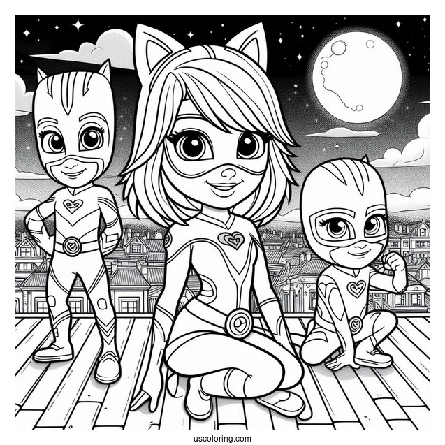 PJ Masks Coloring Page Of Luna Girl, Romeo, And Night Ninja On Rooftop At Night