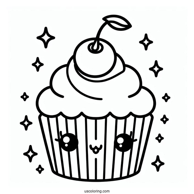Kawaii Cupcake With Cherry On Top Coloring Sheet