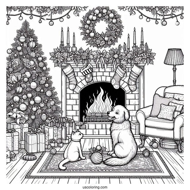 Christmas Coloring Pages For Adults Of Detailed Christmas Living Room With Dog And Cat In Front Of Fireplace