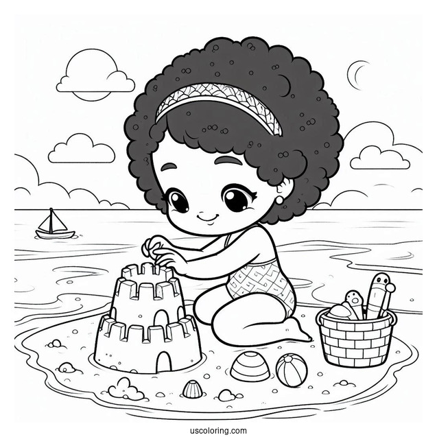 Playful Chibi Coloring Page Kid Building a Sandcastle on the Beach