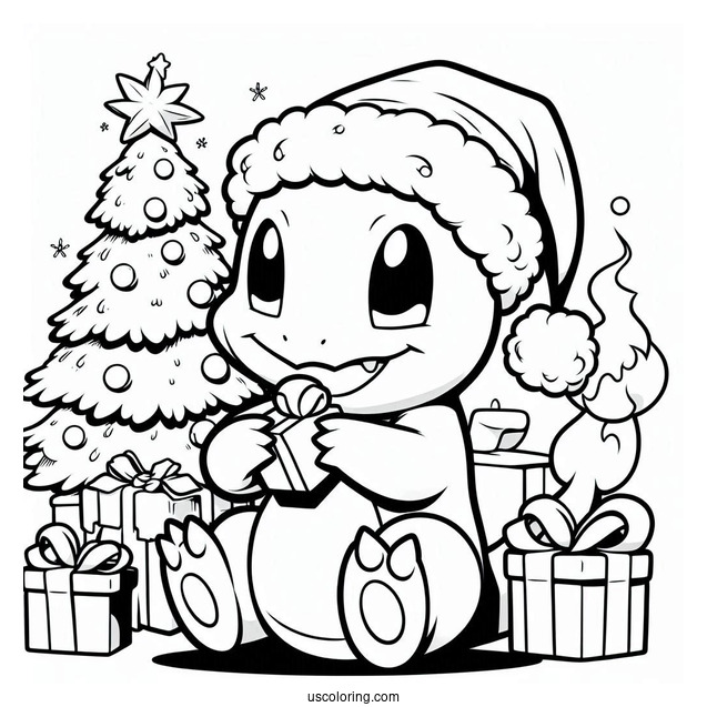 Pokemon Christmas Coloring Page Cute Charmander In Santa Hat For Preschoolers