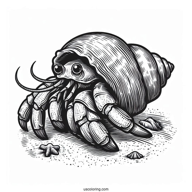 Realistic Hermit Crab Coloring Page On The Beach