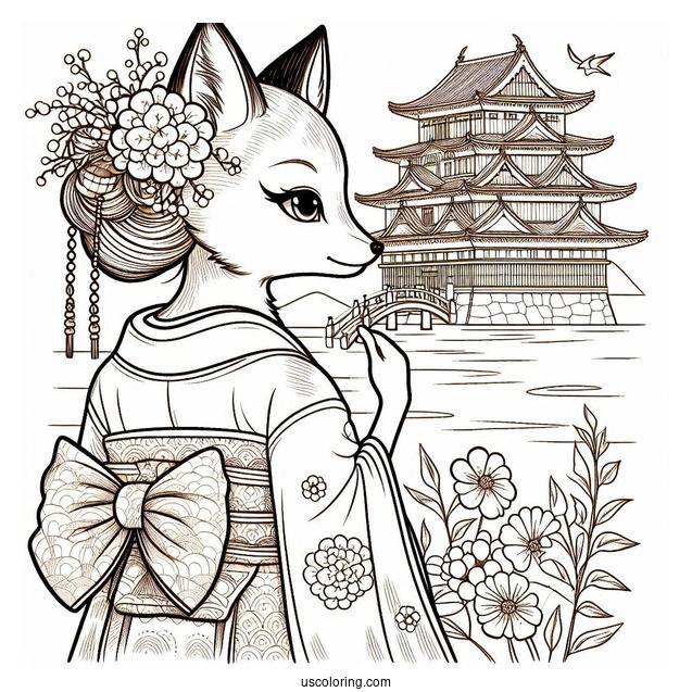 Fox Coloring Page in Kimono In Front Of Japanese Castle