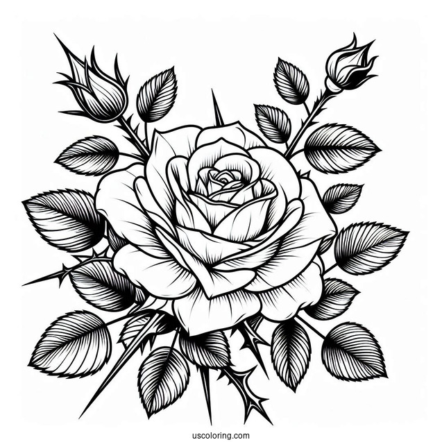 Flower Coloring Pages Of Blooming Rose With Thorns