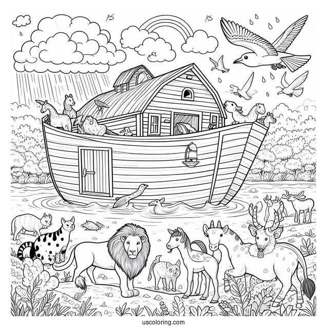 Noah's Ark Coloring Page With The Animals Outside The Ark