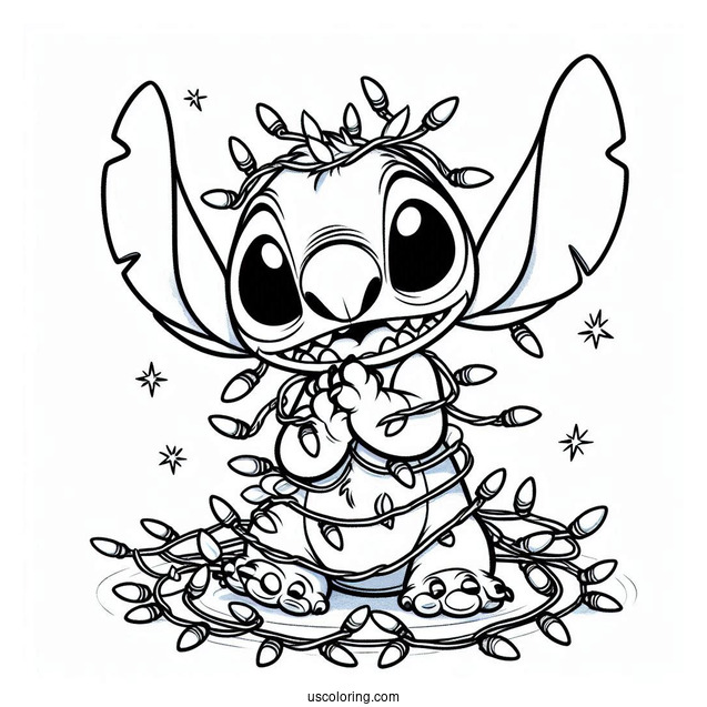 Stitch Tangled In Christmas Lights Coloring Page