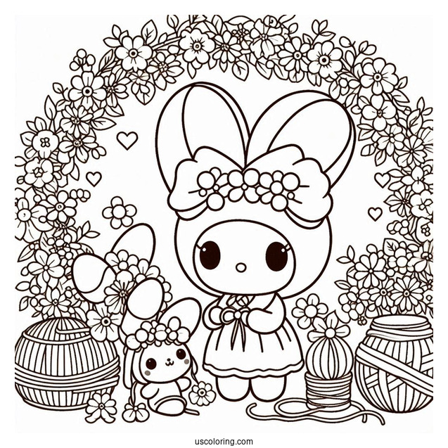 My Melody Coloring Page Making Flower Wreaths With Pompompurin