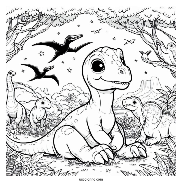 Parasaurolophus Coloring Page With Pterodactyl In The Background
