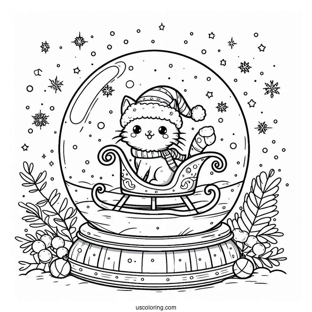 Santa Cat On A Sleigh Snow Globe Coloring Page