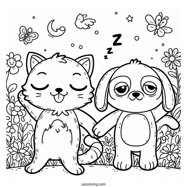 Smiling Critters Coloring Page Of CatNap And DogDay With Arms Hooked On A Field