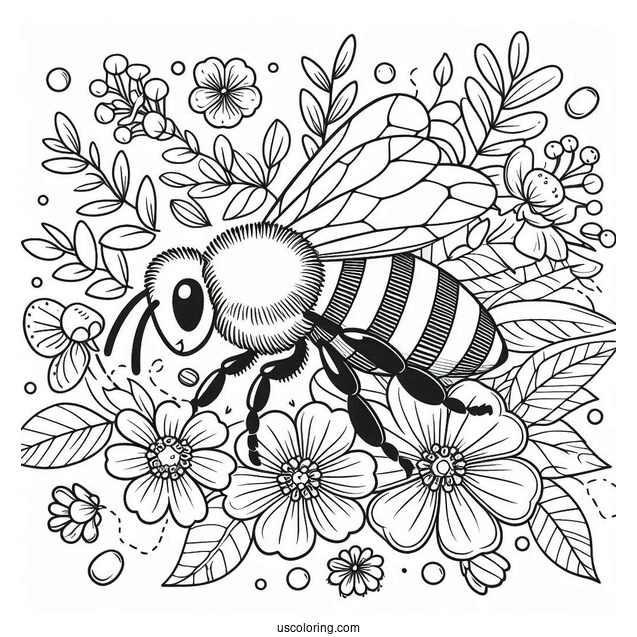 Bee Coloring Page Lying On A Pile Of Flowers And Leaves