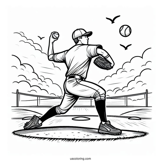 Baseball Coloring Page Of Player Warming Up to Pitch