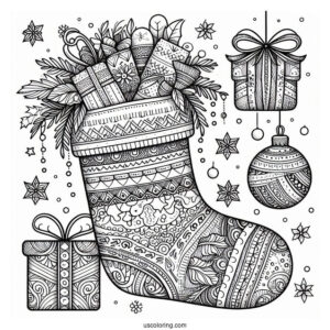 Christmas Coloring Pages For Adults Of Intricate Christmas Stocking Zentangle With Presents Inside