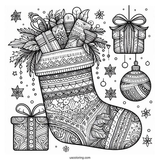 Christmas Coloring Pages For Adults Of Intricate Christmas Stocking Zentangle With Presents Inside