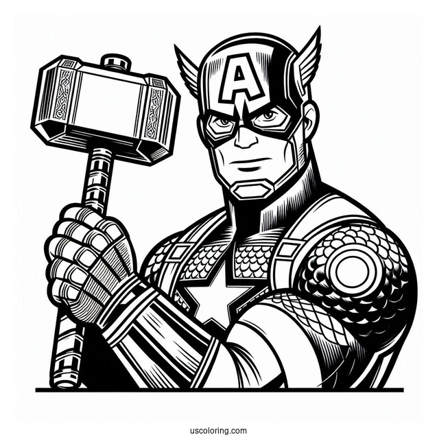 Coloring Page Of Captain America Holding Thors Hammer