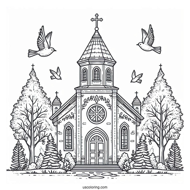 Traditional Church Coloring Page Outline With Birds And Trees