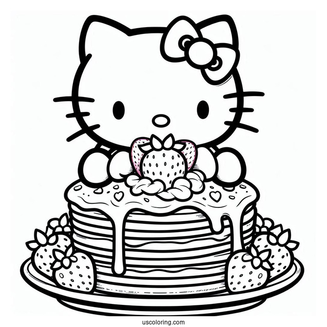 Hello Kitty Holding Massive Pancake Coloring Page With Strawberry Toppings