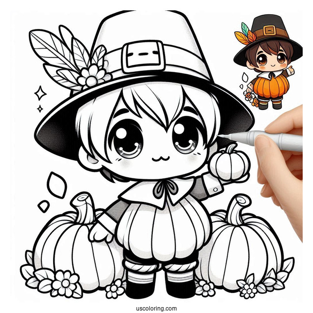 Kawaii Chibi Boy Pilgrim Coloring Page Holding A Pumpkin For Kids