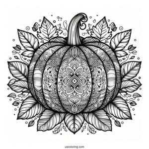 Intricate Pumpkin Coloring Page Mandala With Leaves