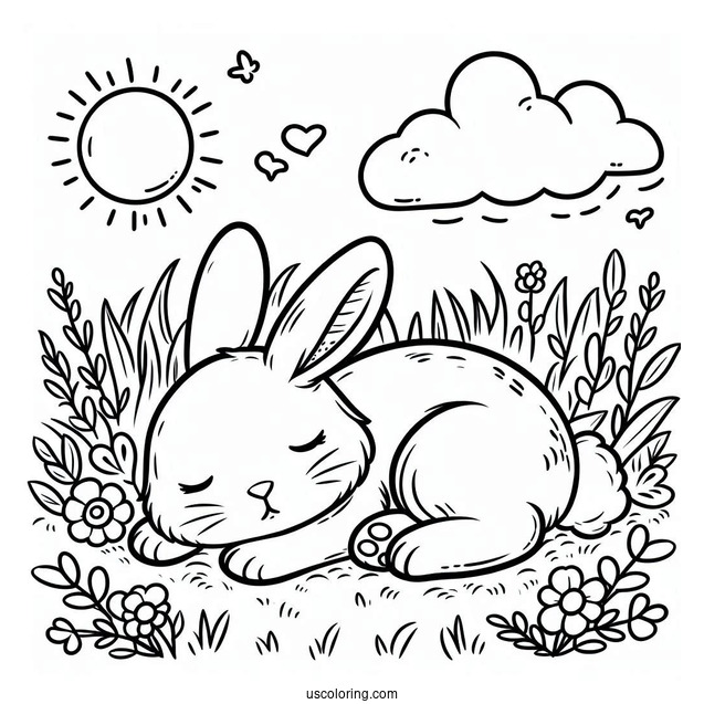 Adorable Rabbit Sleeping In Grass Patch