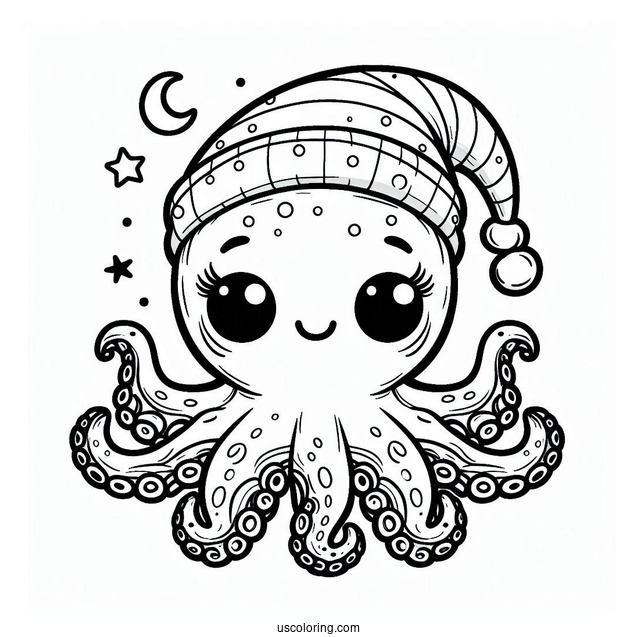 Octopus Coloring Page Wearing Night Cap
