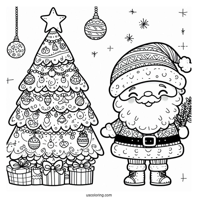 Jolly Santa Next To Christmas Tree