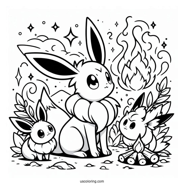 Sylveon Coloring Page With Other Eevee Evolutions Around Bonfire