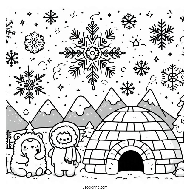 Snowflake Coloring Page Falling On Cartoon Eskimo Family And Igloo
