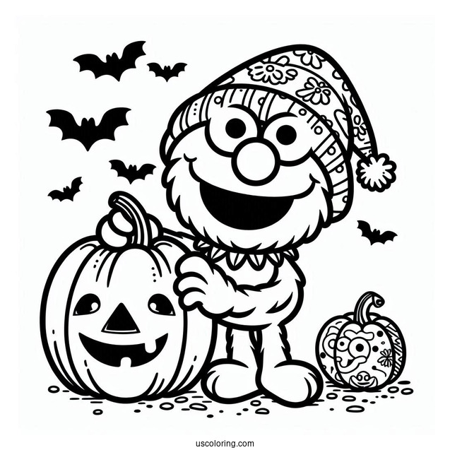 Halloween Themed Elmo Holding a Pumpkin To Color