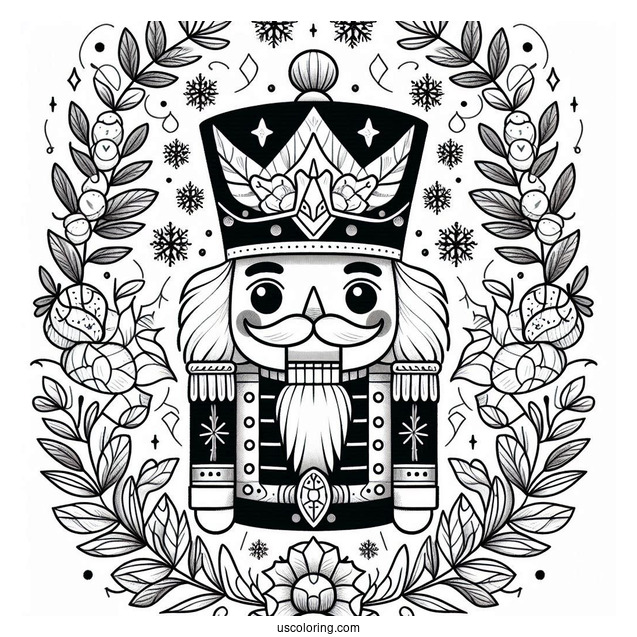 Nutcracker Coloring Page Guards With Laurels And Snowflakes In The Background