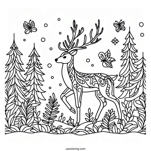 Simple Reindeer In The Forest Stained Glass Coloring Page