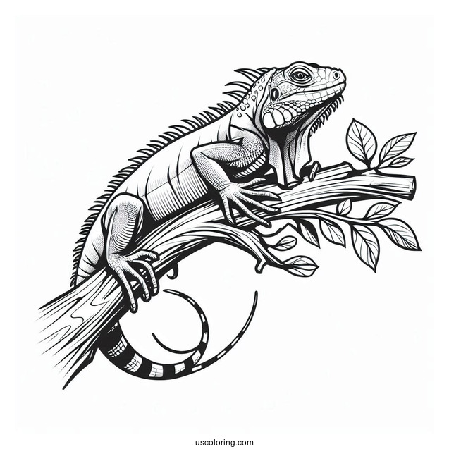 Lizard Coloring Page of Iguana With Head Up On Tree Branch