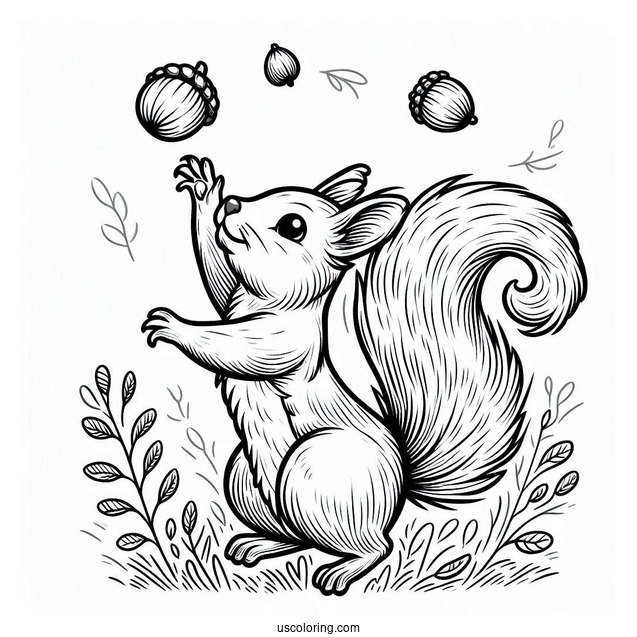 Squirrel Coloring Page Reaching Up For Nuts In Autumn