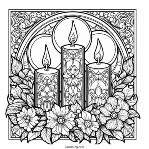 Four Candles Surrounded By Flowers Stained Glass Coloring Page
