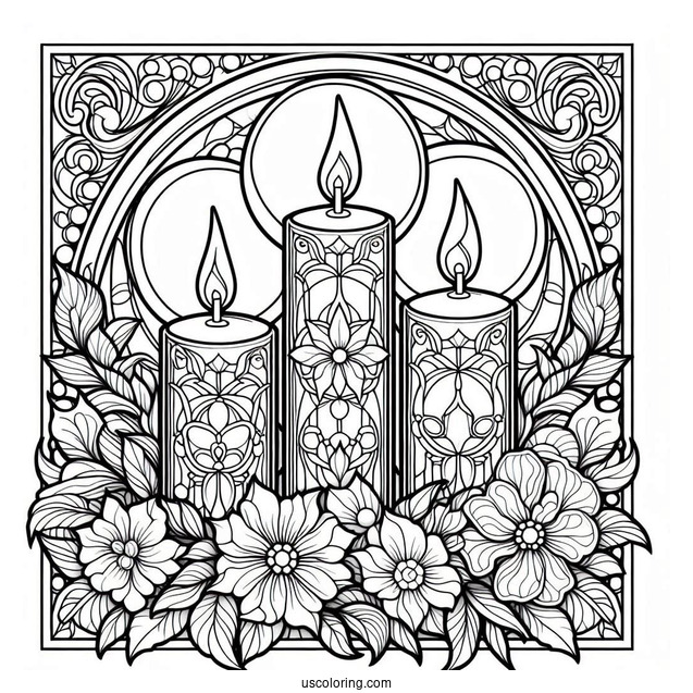 Four Candles Surrounded By Flowers Stained Glass Coloring Page