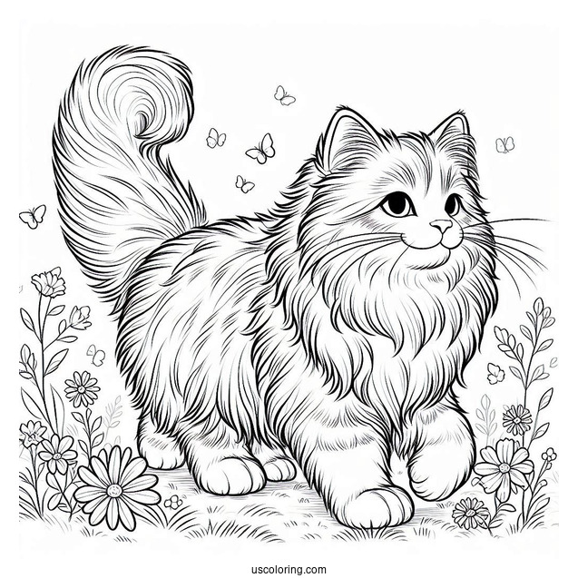 Siberian Cat Walking On Flower Field Coloring In