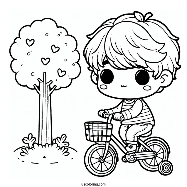 Kawaii Little Boy Riding Bicycle Coloring Page With Training Wheels For Preschoolers