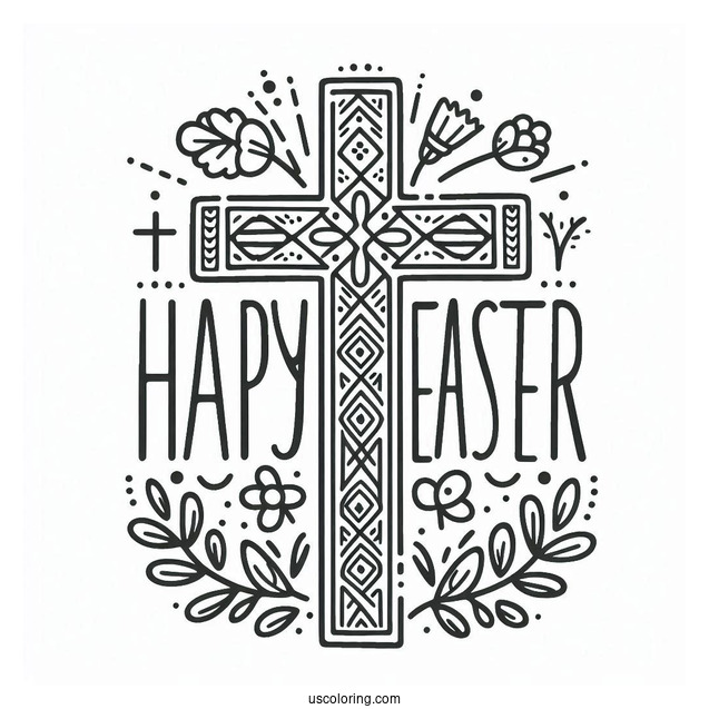 Happy Easter Words With Cross Coloring Page For Kids