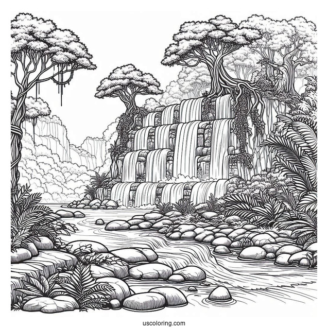 Detailed Jungle Coloring Page Of Waterfall