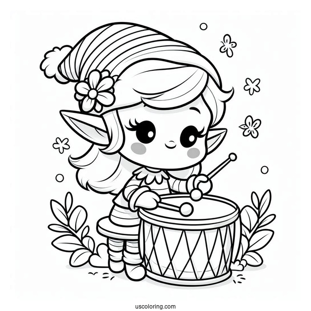 Cute Elf Playing a Drum To Color