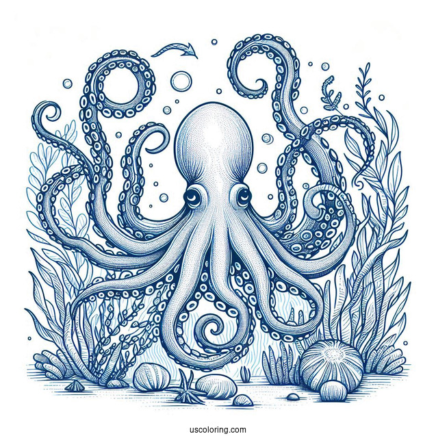Blue Ring Octopus Coloring Page With Detailed Tentacles In Nautical Background