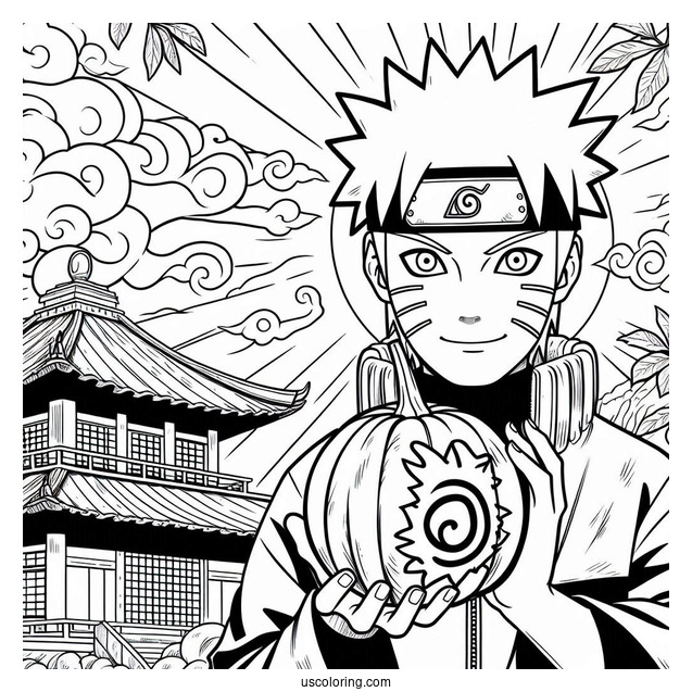 Naruto Coloring Page Of Gaara with Gourd in Front of Sun and Temples