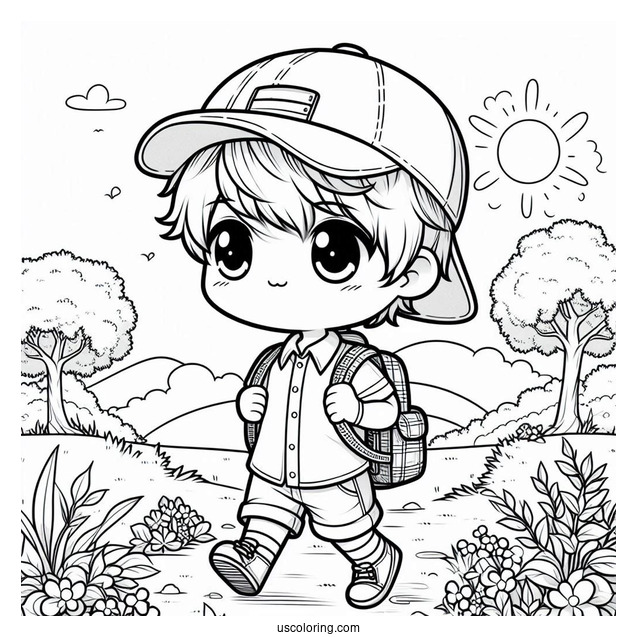 Chibi Coloring Page Schoolboy with Backpack Walking Outdoors