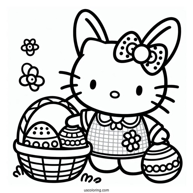 Hello Kitty In Easter Bunny Coloring Page Costume Carrying Basket Of Eggs